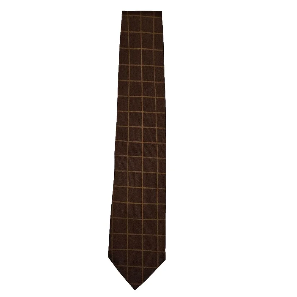 Ermenegildo Zegna‎ Brown & Gold Grid Tie 100% Silk Men's Necktie